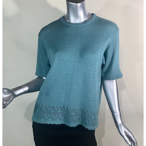 Alfred Dunner Women's Medium Teal Blue Knit Short Sleeve Sweater Crew Neck Scall - Picture 12 of 12